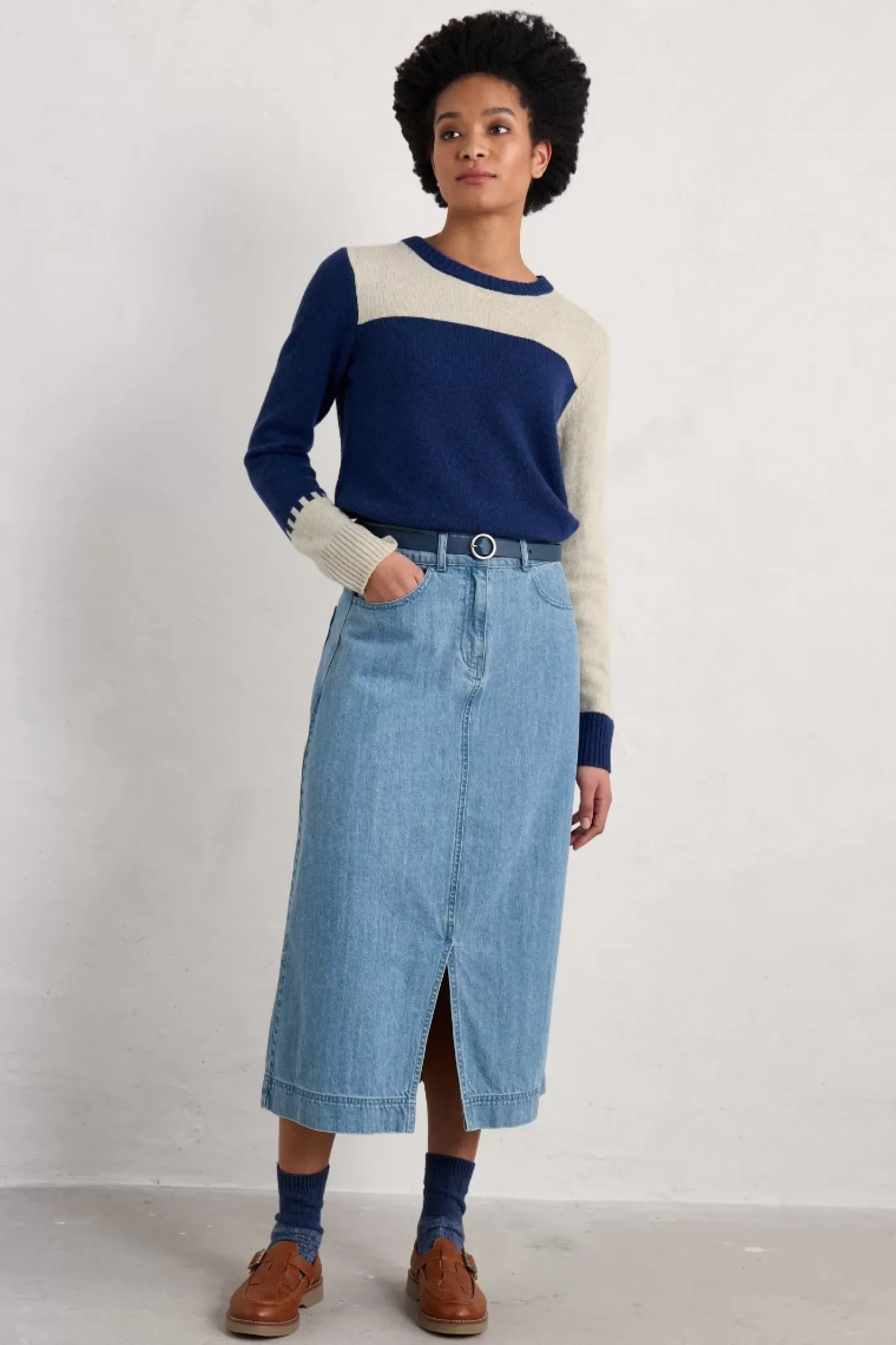 Hot Bowline Denim Midi Skirt Women Skirts