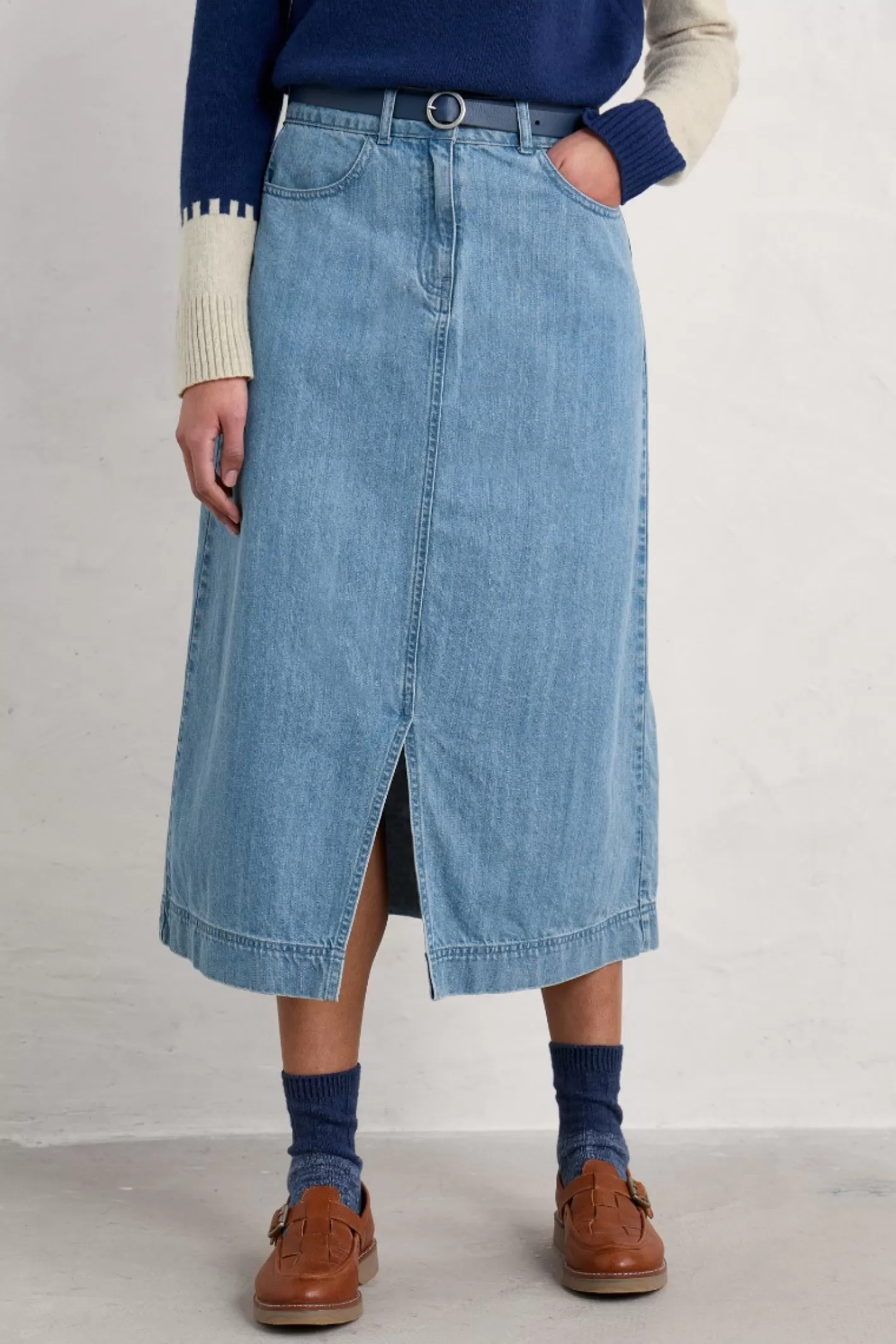 Hot Bowline Denim Midi Skirt Women Skirts