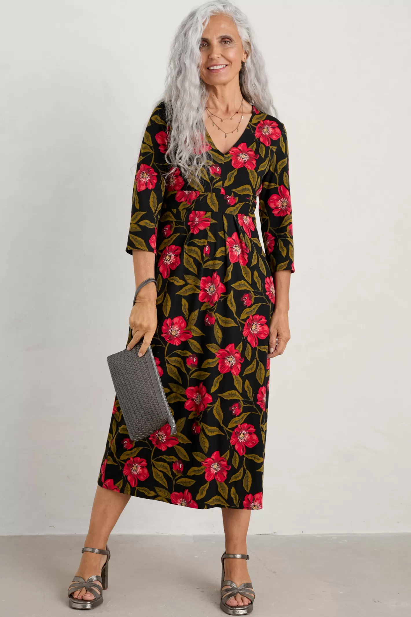 Hot Flower Bud Jersey V- Neck Midi Dress Women Dresses