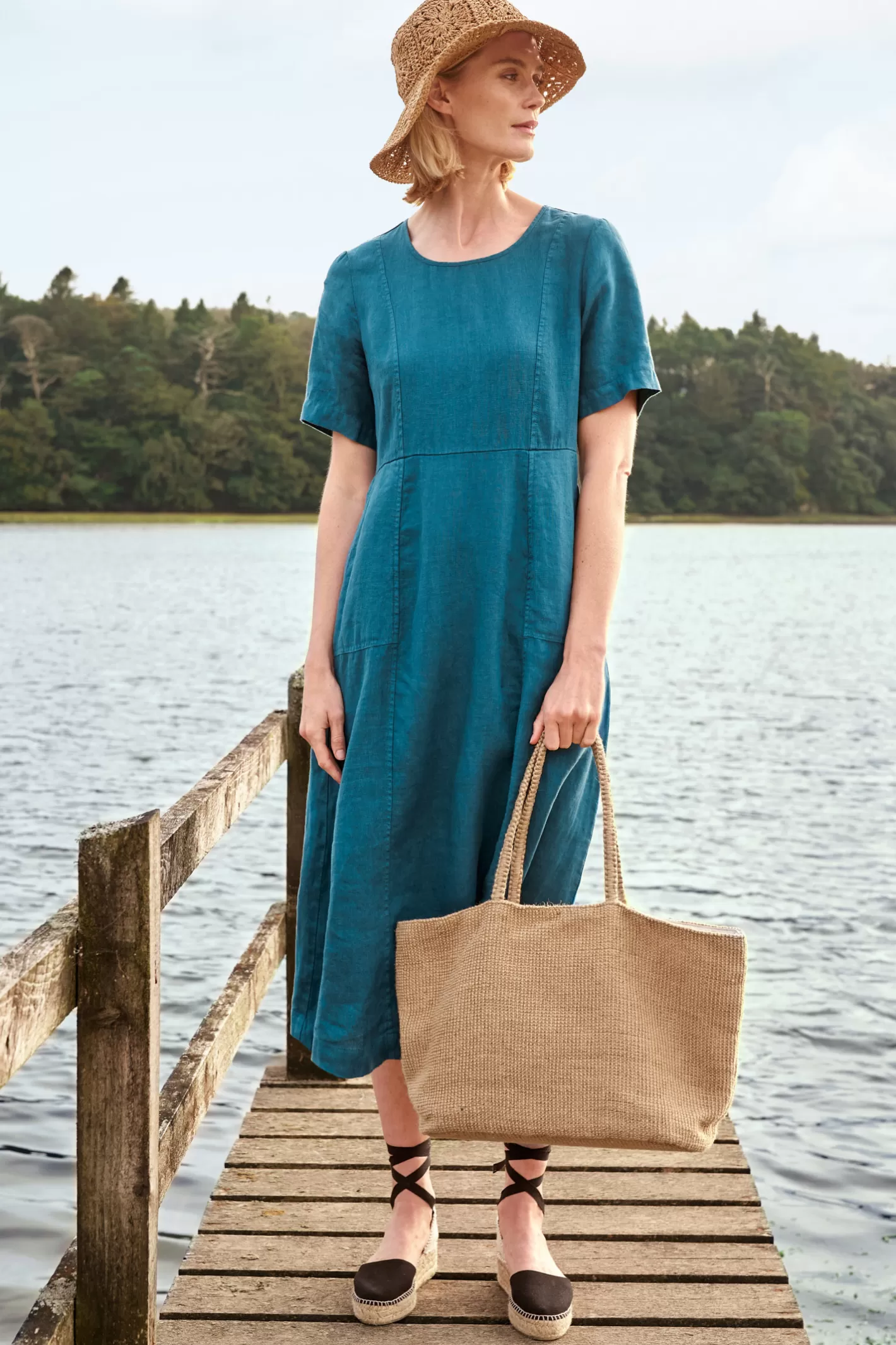 Sale Grass Wave Linen Midi Dress Women Dresses