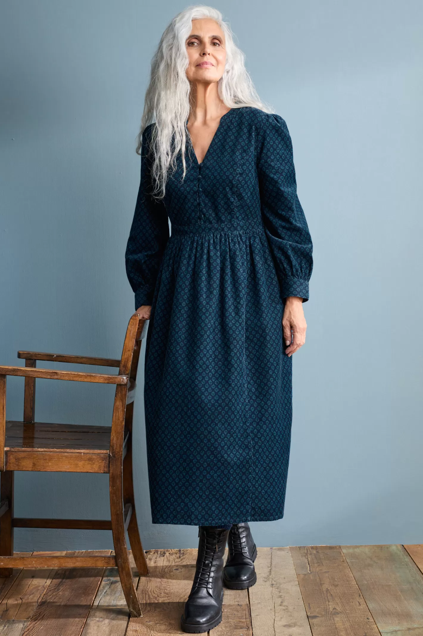 Hot Rose Cottage Printed Cord Midi Dress Women Dresses