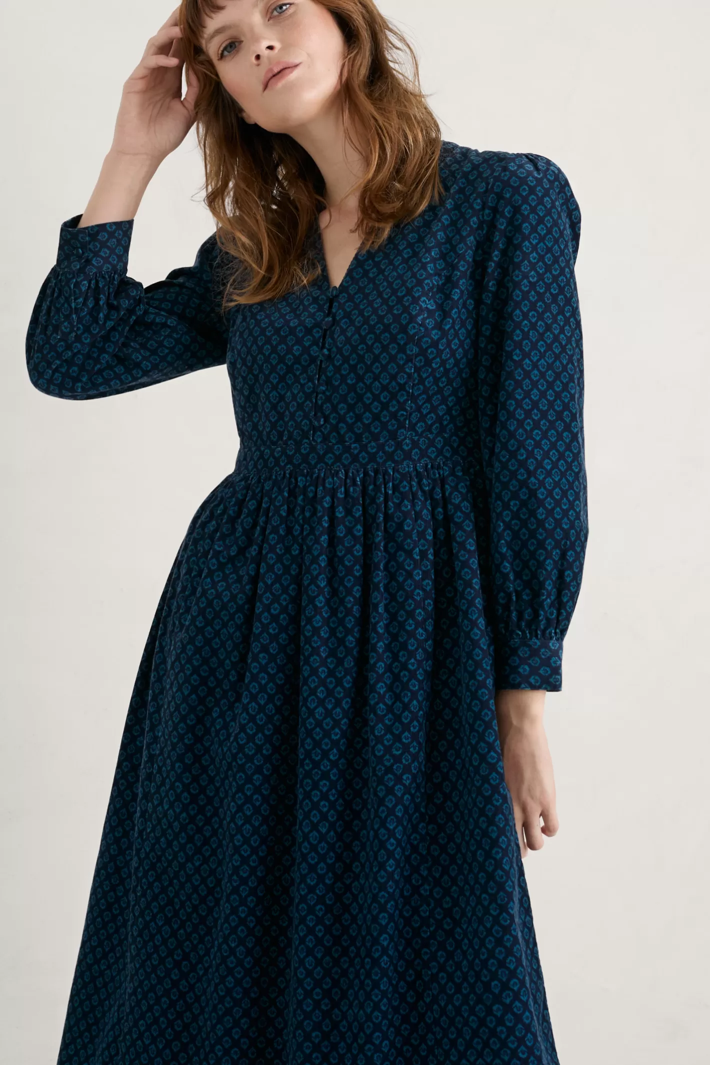 Hot Rose Cottage Printed Cord Midi Dress Women Dresses