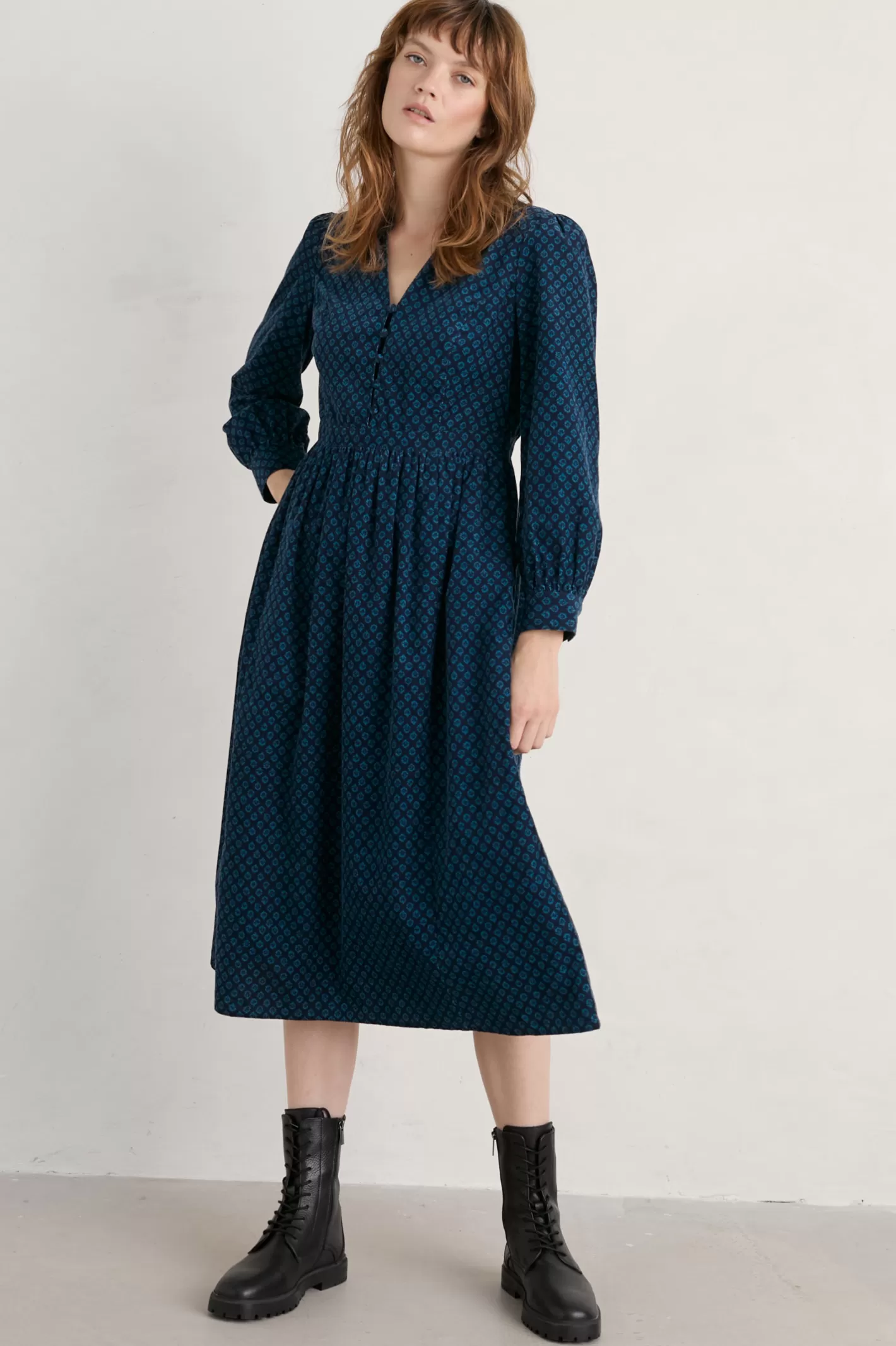 Hot Rose Cottage Printed Cord Midi Dress Women Dresses