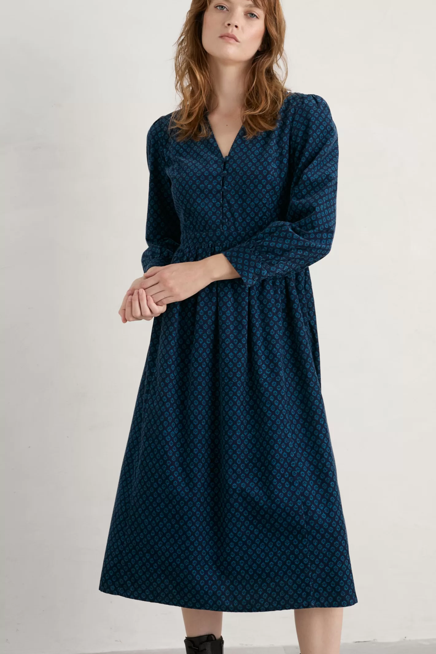 Hot Rose Cottage Printed Cord Midi Dress Women Dresses